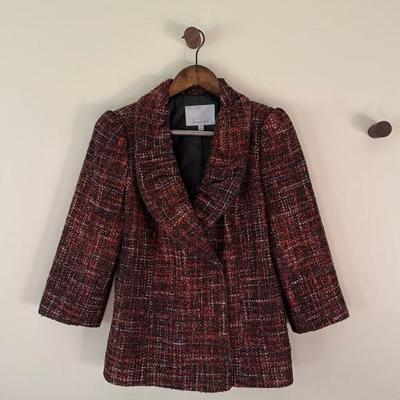 CLASSIQUES ENTIER PLAID TWEED 3/4 SLEEVE BLAZER WITH BLACK ZIPPER DETAIL MEDIUM - Picture 1 of 8